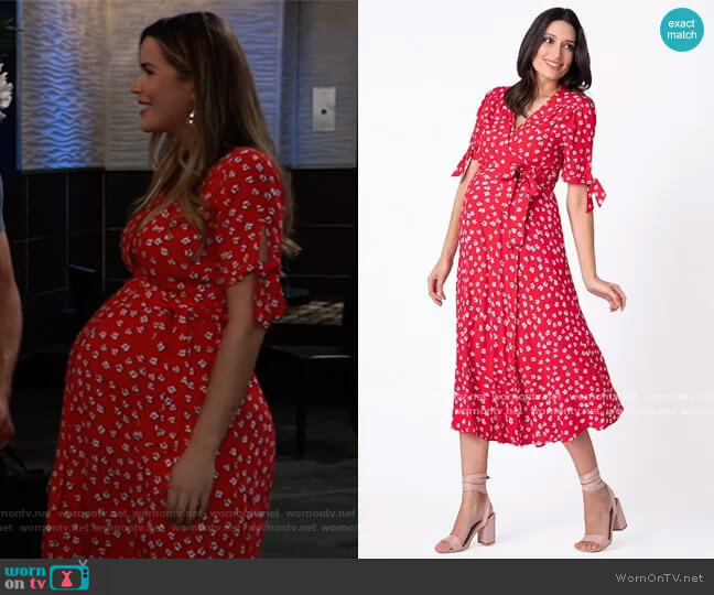 Seraphine Red Midi Wrap Maternity Dress worn by Sasha Gilmore (Sofia Mattsson) on General Hospital