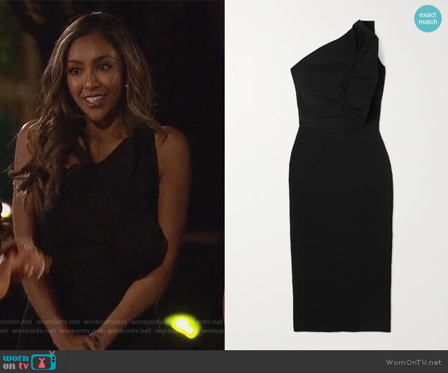 Roland Mouret Raven one-shoulder ruffled stretch-knit midi dress worn by Tayshia Adams on The Bachelorette