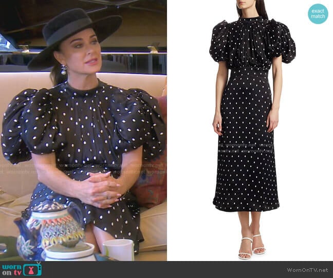 Rotate Birger Christensen Dawn Midi Dress worn by Kyle Richards on The Real Housewives of Beverly Hills