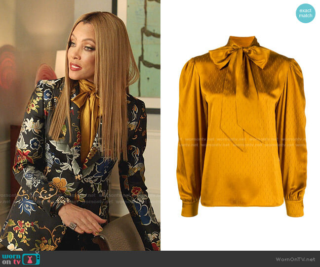 Saint Laurent All-Over Monogram Pussy-Bow Blouse worn by Dominique Deveraux (Michael Michele) on Dynasty