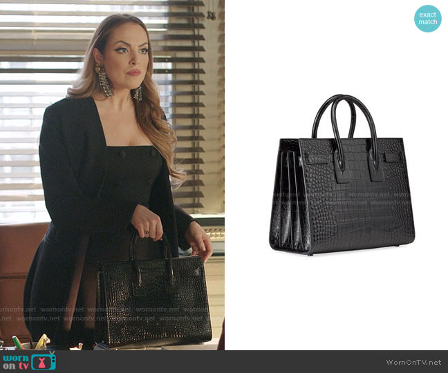Saint Laurent Sac de Jour Small Shiny Croco Effect Satchel Bag worn by Fallon Carrington (Elizabeth Gillies) on Dynasty