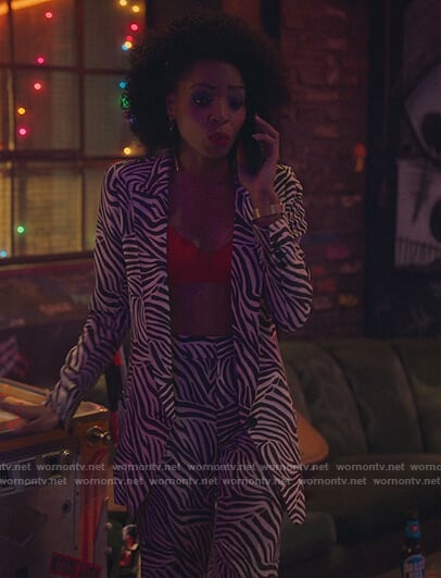 Sasha’s zebra stripe blazer and pants on Sex/Life