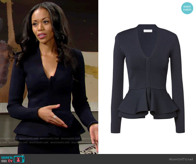 Scanlan Theodore Crepe Knit V-neck Ruffle Jacket Navy worn by Amanda Sinclair (Mishael Morgan) on The Young and the Restless
