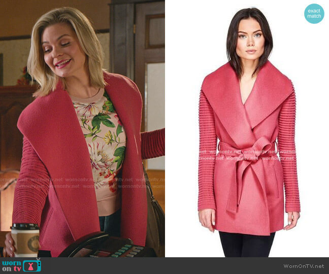Sentaler Shawl Collar Wrap Coat with Ribbed Sleeves in Tourmaline Pink worn by Stephanie Borden (Kylee Evans) on Good Witch