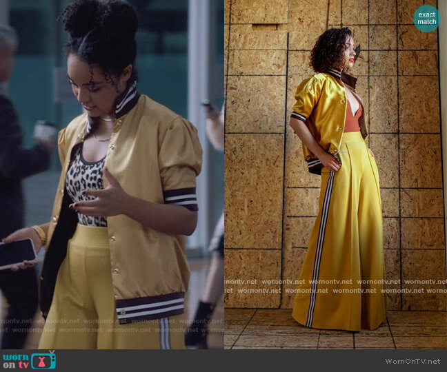 Six 20 Pass the Mustard Exaggerated Wide Leg Track Pants worn by Kat Edison (Aisha Dee) on The Bold Type