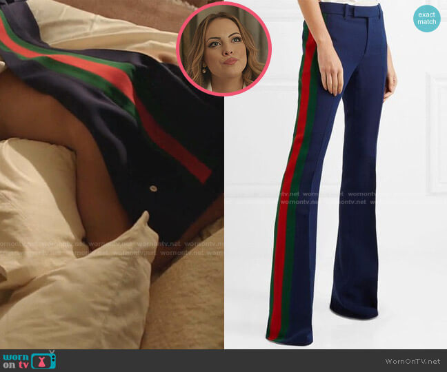 Gucci Striped Wool and Silk-Blend Cady Flared Pants worn by Fallon Carrington (Elizabeth Gillies) on Dynasty