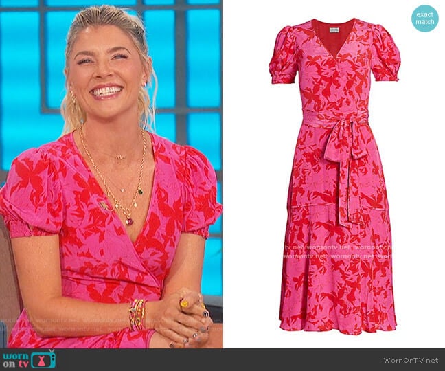 Tanya Taylor Dorothy Silk-Printed Puff-Sleeve Midi Dress worn by Amanda Kloots on The Talk