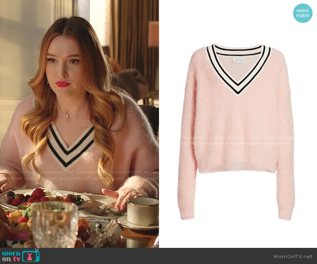 Tanya Taylor Millie Striped V-Neck Sweater worn by Kirby Anders (Maddison Brown) on Dynasty