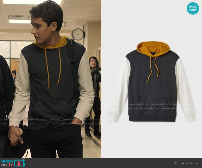 Original Use Colorblock Sweatshirt in Gold Rush worn by Victor Salazar (Michael Cimino) on Love Victor