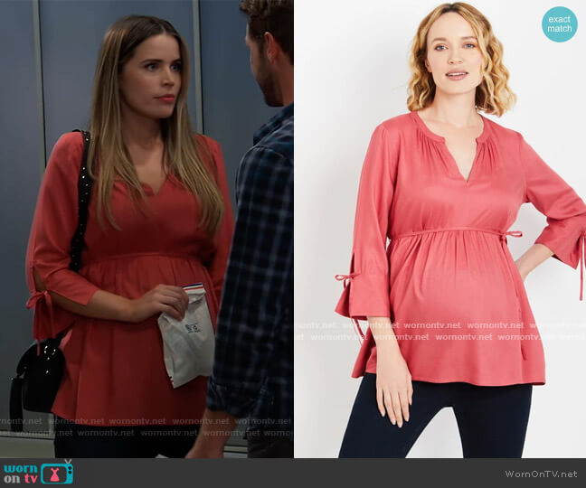 Motherhood Maternity Tie Sleeve Maternity Blouse in Navy worn by Sasha Gilmore (Sofia Mattsson) on General Hospital