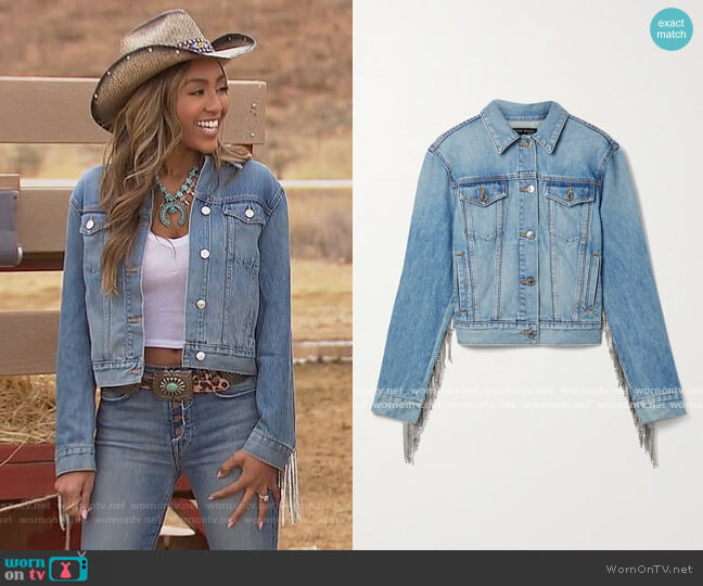 Veronica Beard Kinley crystal-embellished fringed denim jacket worn by Tayshia Adams on The Bachelorette