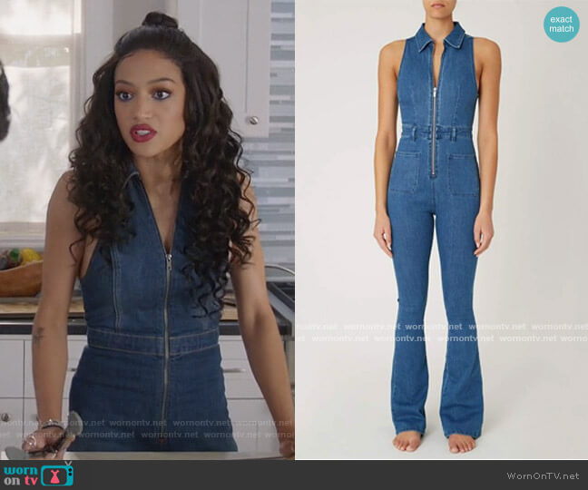 We Wore What Sleeveless Jumpsuit Light Wash worn by Olivia Baker (Samantha Logan) on All American