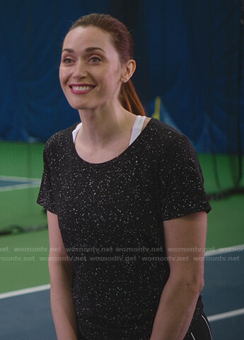 Abigail’s black speckled tee and mini skirt on Good Witch
