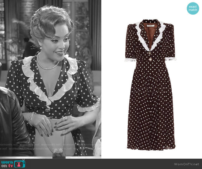 Alessandra Rich Polka-Dot Silk Midi Dress worn by Fallon Carrington (Elizabeth Gillies) on Dynasty