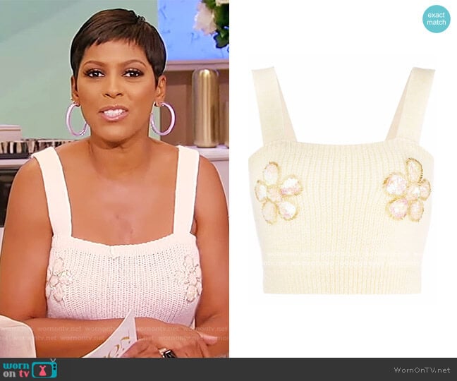 Alessandra Rich Cropped Floral-applique Mohair Blend Top worn by Tamron Hall on Tamron Hall Show