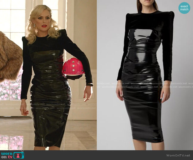 Alex Perry Hart Ruched Jersey-Paneled Vinyl Midi Dress worn by Alexis Carrington (Elaine Hendrix) on Dynasty