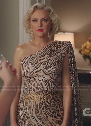 Alexis’s animal print one-shoulder dress on Dynasty