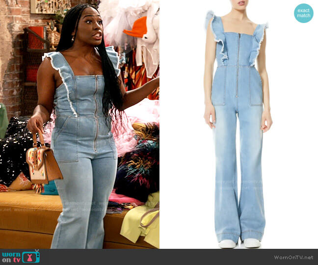 Alice + Olivia Gorgeous Open Back Ruffled Denim Jumpsuit worn by Harper (Laci Mosley) on iCarly
