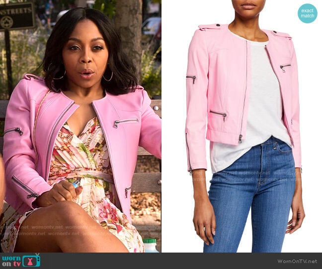 Alice + Olivia Cam Leather Biker Jacket worn by Renee Ross (Bresha Webb) on Run the World
