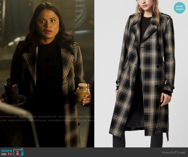 All Saints Chiara Check Trench Coat worn by Mel Vera (Melonie Diaz) on Charmed