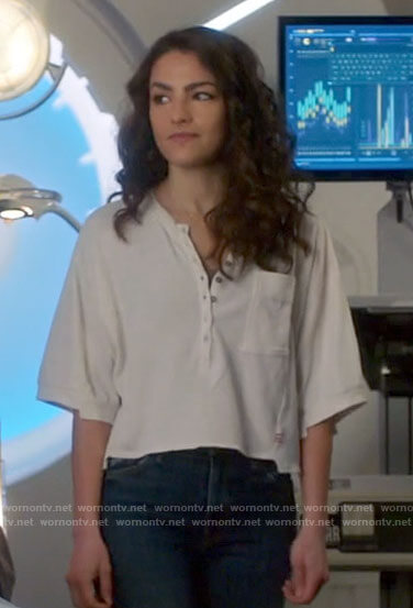 Allegra’s white cropped henley top on The Flash