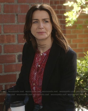 Amelia’s red printed blouse and black coat on Greys Anatomy