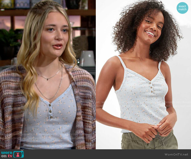 American Eagle Henley Crop Cami in Blue worn by Faith Newman (Reylynn Caster) on The Young and the Restless