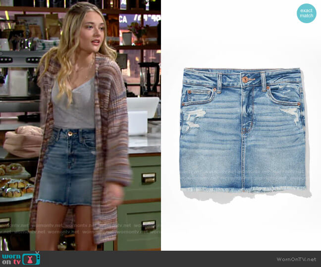 American Eagle High-Waisted Denim Mini Skirt worn by Faith Newman (Reylynn Caster) on The Young and the Restless