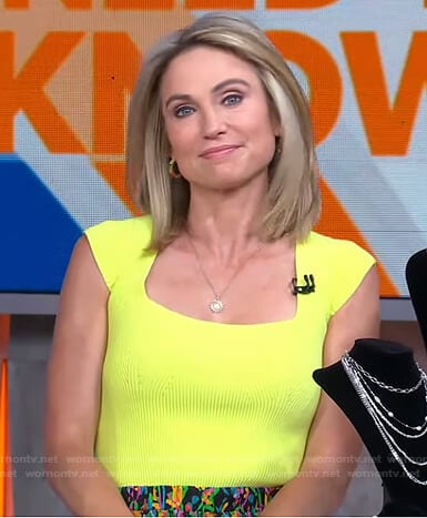 Amy’s yellow ribbed top and floral mini skirt on Good Morning America