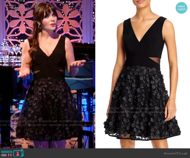 Aqua Floral-Appliqué Fit-and-Flare Dress worn by Zooey Deschanel on Celebrity Dating Game