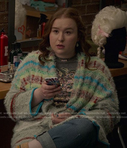 Ashlyn’s fluffy striped cardigan on High School Musical The Musical The Series