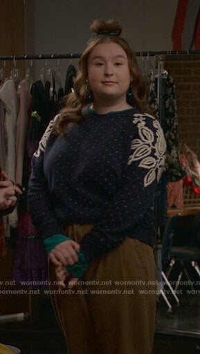 Ashlyn’s navy dotted sweatshirt with embroidery on High School Musical The Musical The Series