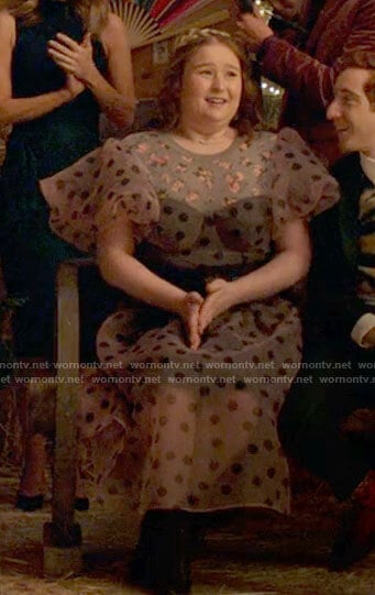 Ashlyn’s polka dot puff sleeve dress on High School Musical The Musical The Series