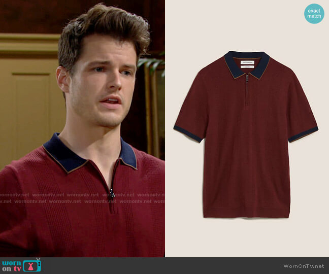 Autograph Textured Knitted Polo Shirt with Silk in Dark Wine worn by Kyle Abbott (Michael Mealor) on The Young and the Restless