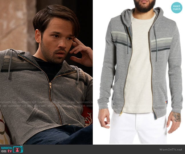 Aviator Nation 5-Stripe Zip Hoodie in Heather Grey / Grey Stripe worn by Freddie Benson (Nathan Kress) on iCarly