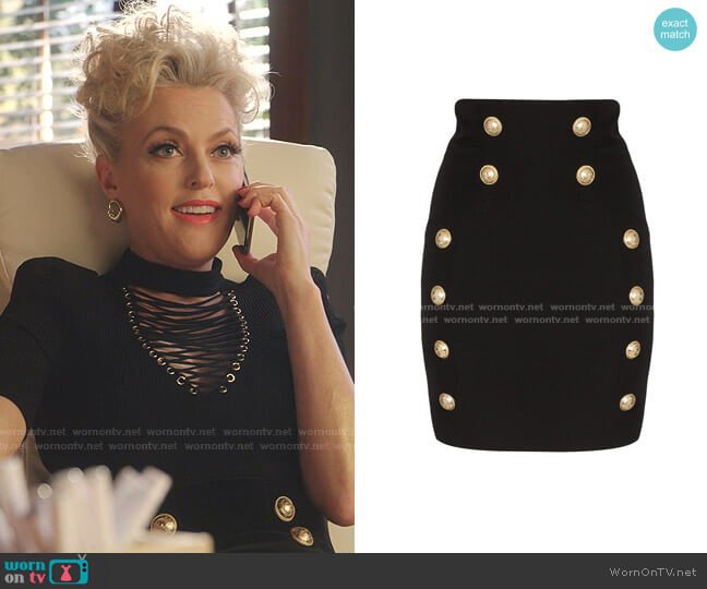 Balmain Button-Detail Mini Skirt worn by Alexis Carrington (Elaine Hendrix) on Dynasty