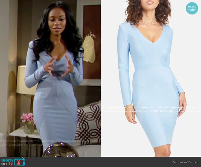 Bebe Bandage V-Neck Midi Dress worn by Amanda Sinclair (Mishael Morgan) on The Young and the Restless