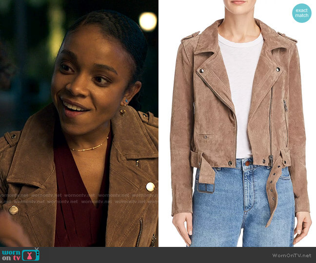 Blank NYC Suede Moto Jacket in French Taupe worn by Mia Brooks (Rachel Hilson) on Love Victor