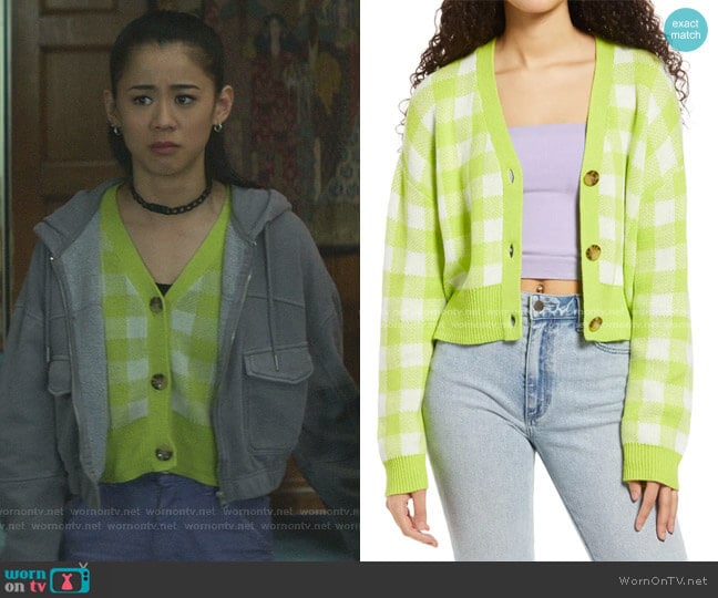 BP Checkerboard Plaid Crop Cardigan worn by George Fan (Leah Lewis) on Nancy Drew