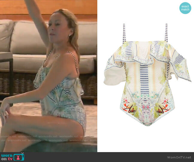 Camilla Beach Shack Off-the-Shoulder Swimsuit worn by Sutton Stracke on The Real Housewives of Beverly Hills