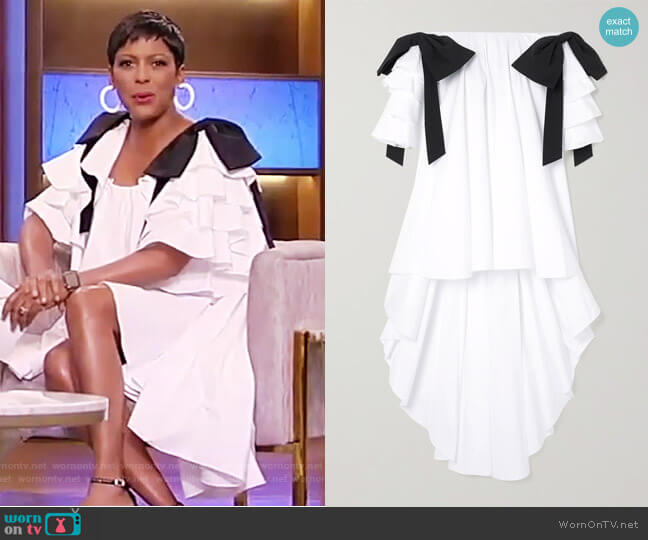 Caroline Constas Fiona off-the-shoulder asymmetric ruffled cotton-blend dress worn by Tamron Hall on Tamron Hall Show