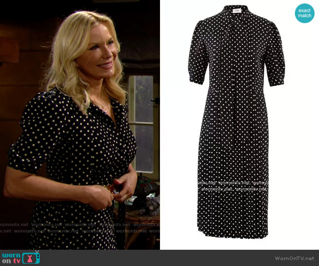 Celine Polka-dot printed silk ascot tie pleated midi dress worn by Brooke Logan (Katherine Kelly Lang) on The Bold and the Beautiful