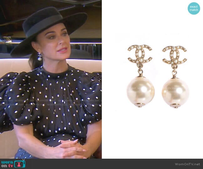 Chanel Pearl CC Drop Earrings Gold worn by Kyle Richards on The Real Housewives of Beverly Hills