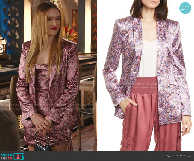 Cinq a Sept Estelle Paisley Satin Blazer worn by Kirby Anders (Maddison Brown) on Dynasty