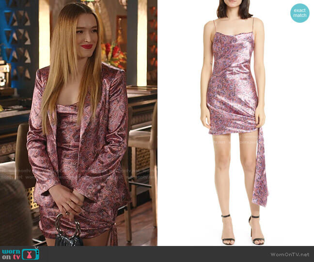 Cinq a Sept Ryder Paisley Satin Minidress worn by Kirby Anders (Maddison Brown) on Dynasty