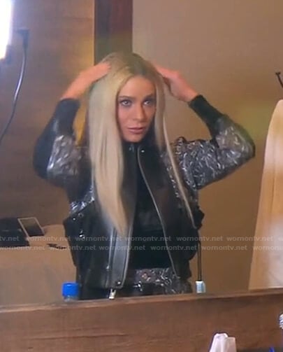 Dorit’s black monogram leather jacket and skirt on The Real Housewives of Beverly Hills