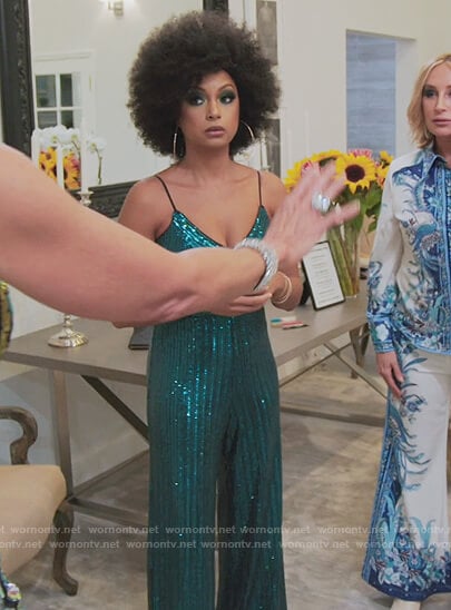 Eboni’s green sequin strap jumpsuit on The Real Housewives of New York City