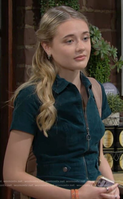 Faith’s teal green zip front romper on The Young and the Restless