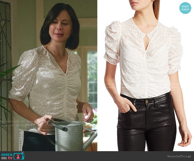 Frame Shirred Keyhole Puff-Shoulder Top worn by Cassandra Nightingale (Catherine Bell) on Good Witch