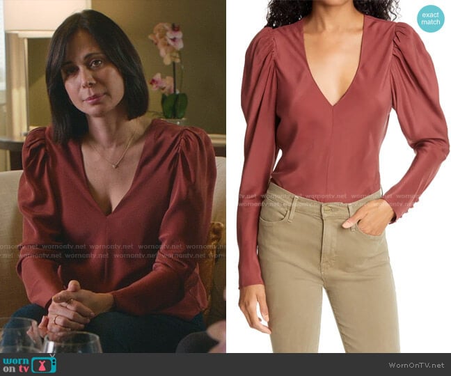 Frame V-Neck Puff Shoulder Silk Top worn by Cassandra Nightingale (Catherine Bell) on Good Witch